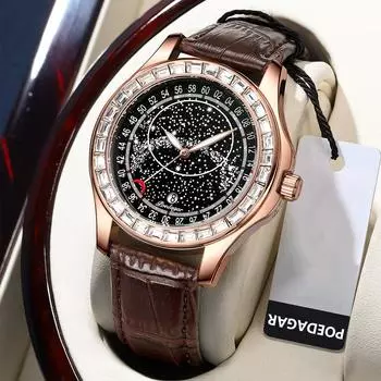 POEDAGAR Водонепроницаемые светящиеся роскошные наручные часы для мужчин, модные кожаные кварцевые часы со звездным небом и бриллиантами золотой/синий