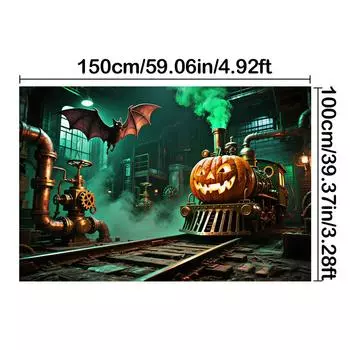 Поезд с головой тыквы, Дизайн летучей мыши - Баннер для фотобудки на Хэллоуин, Вечеринка, Декор на Хэллоуин, Праздничные мероприятия 150*100cm/59*39in/5*3ft