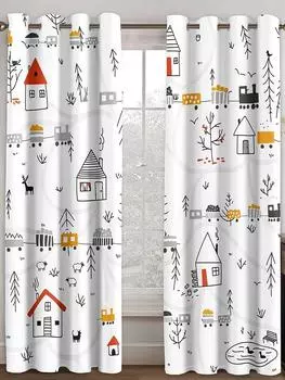 Поезд в виде лосиного домика, расписанные вручную детские шторы, 2 панели, гостиная, спальня, балкон, окна, декоративные шторы 50W130H(CM)X2PCS&Grommet Top