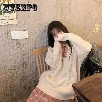 Pofulove Белый Круглый Выворотный Свитер Женский Осень Зима Свободное Вязаное Пальто В Студенческом Стиле XL серый