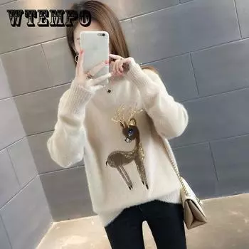 Pofulove искусственная норка плюс бархат толстая полуводолазка с воротником на Рождество милый пуловер свитер женский свободный осенне-зимний теплый XXL синий