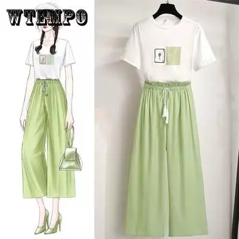 Pofulove, комплект летних брюк, женская хлопковая футболка с принтом, широкие брюки, комплект из двух предметов, женская одежда XXL