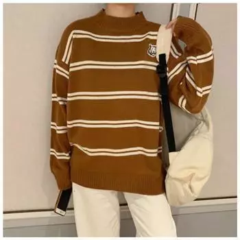 Pofulove свободный полосатый свитер женский в стиле Харадзюку с длинными рукавами осенне-зимний свитер пальто XXL синий