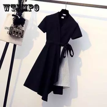 Pofulove M-4XL летнее женское хлопковое черное платье высокого качества с v-образным вырезом в тонкую полоску офисное женское платье XXXXL