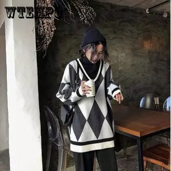 Pofulove модный клетчатый свитер с v-образным вырезом, пуловер, свободная вязаная базовая рубашка, дикий повседневный свитер XL синий