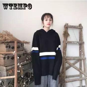 Pofulove осень зима ins свитер с капюшоном школьница свободный Harajuku bf пуловер ленивой вязки топ L чёрный