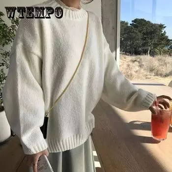 Pofulove осенне-зимний ленивый пуловер с круглым вырезом, женский свитер в Корейском стиле, свободный базовый свитер, пальто XXL белый