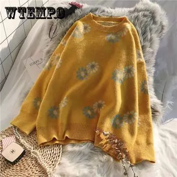 Pofulove осенне-зимний свободный жаккардовый свитер с цветочным принтом, женский пуловер, свитер с круглым вырезом XL синий