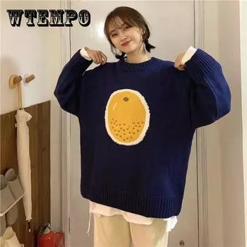 Pofulove осенне-зимний забавный фруктовый жаккардовый свитер, свободный толстый пуловер с длинными рукавами, женский свитер XL синий