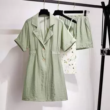 Pofulove плюс размер комплект из 2 предметов женские рубашки с короткими рукавами шорты-бретельки из трех предметов летние повседневные XXXXL зелёный