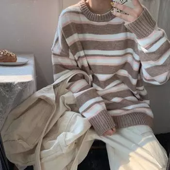 Pofulove полосатый свитер с круглым вырезом женский осенне-зимний свободный свитер с длинными рукавами пальто XXL красный