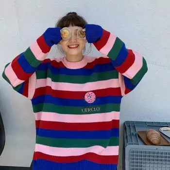 Pofulove Полосатый вышитый свитер женский осенне-зимний свободный пуловер с круглым вырезом трикотажный топ XL дубильная кора