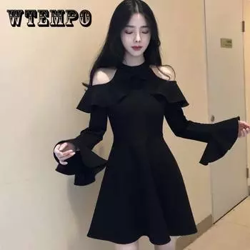 Pofulove S-2XL женское платье трапециевидной формы с круглым вырезом и открытыми плечами, тонкое сексуальное черное платье средней длины с длинными рукавами XXL