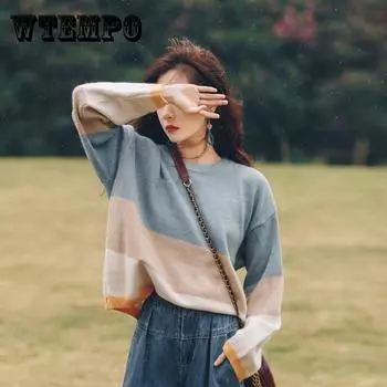 Pofulove свитер с круглым вырезом, женский свободный пуловер с длинными рукавами, Радужный свитер, полосатый топ для студентов S фиолетовый