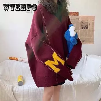 Pofulove свитер женский пуловер с v-образным вырезом свободный ленивый свитер пары осень-зима вязаное пальто XXL красный