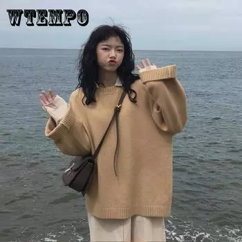 Pofulove свитер женский свободный носить осень-зима однотонный пуловер с круглым вырезом вязаный XL зелёный