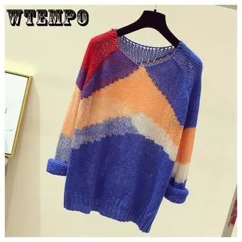 Pofulove свитер женский весна осень тонкий пуловер свитер с длинными рукавами свободная ленивая шикарная блузка XL синий