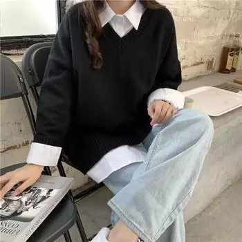 Pofulove свободный однотонный свитер с v-образным вырезом женский осенне-зимний пуловер свитер пальто в студенческом стиле XL чёрный