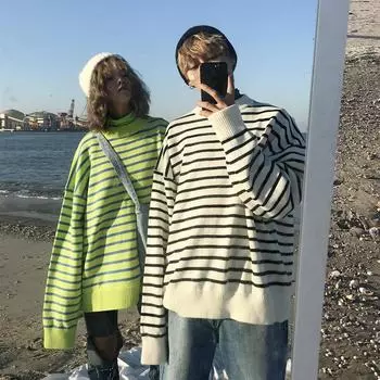 Pofulove Свободный полосатый свитер с длинными рукавами и круглым вырезом для пары в стиле Харадзюку, женский свитер-пуловер XL белый