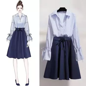 Pofulove весенняя женская тонкая полосатая рубашка с длинным рукавом и v-образным вырезом, шифоновая рубашка + юбка, платье, костюм из двух предметов XXL