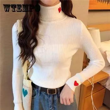 Pofulove водолазка вышитый узкий свитер женский тонкий пуловер с длинными рукавами свитер XL белый