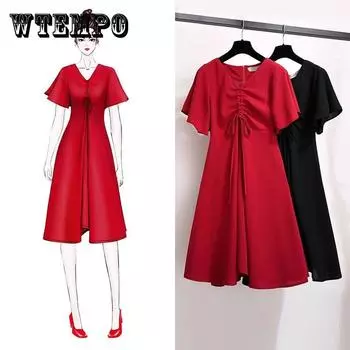 Pofulove женское платье больших размеров летнее плиссированное платье на шнурке миди с расклешенными рукавами вечернее платье XXXL красный