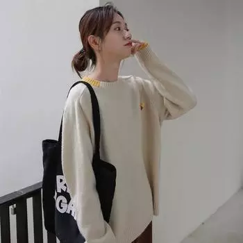 Pofulove Зимний свитер в стиле колледжа, подходящий по цвету, женский свободный свитер с круглым вырезом и длинными рукавами XXL чёрный