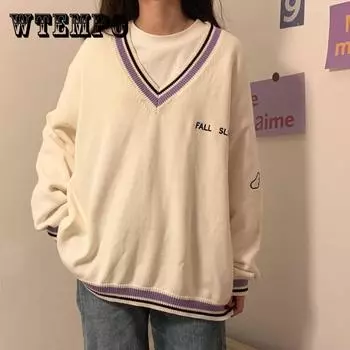 Pofulove зимний свитер в студенческом стиле с v-образным вырезом, женский свитер в Корейском стиле, свободное пальто с длинными рукавами XXL белый