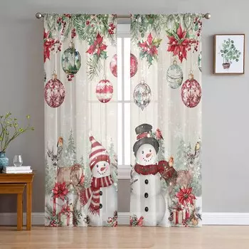 Poinsettia Christmas Ball Snowflake Snowman Gift Elk Sheer Curtains Room Decoration Window Curtains Kitchen Tulle Voile Curtains W135 x H115cm x1