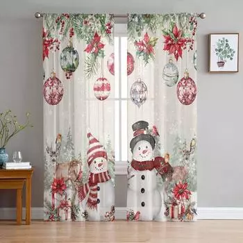 Poinsettia Christmas Ball Snowflake Snowman Gift Elk Sheer Curtains Room Decoration Window Curtains Kitchen Tulle Voile Curtains W135 x H115cm x1