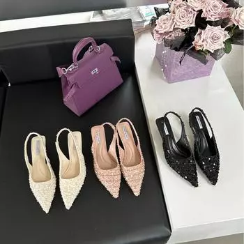 Pointed Back Strap Sandals Light Mouth Sequins Low Heel Flat Heel Sparkling Women S Single Shoes 35 розовый