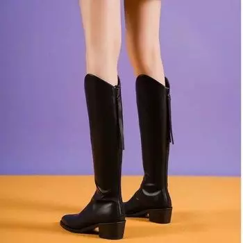 Остроносые женские сапоги 2024 года, осень, новый стиль, высокий каблук, молния сзади, высокие сапоги-трубы, большие размеры, рыцарские сапоги для женщин 35 чёрный