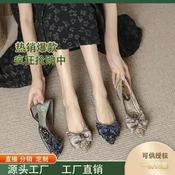 Pointed bow thick heel shallow mouth light luxury flat-soled single shoes women s 2024 new versatile casual rhinestone soft-soled women s shoes 35 золотой