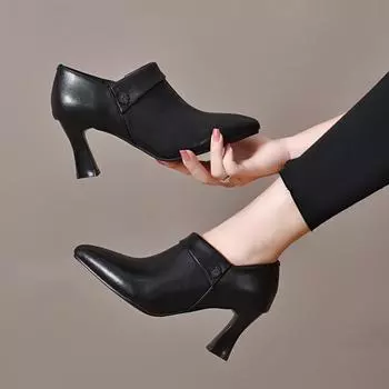 Pointed deep mouth high heels women s spring new sheepskin stiletto fashion shoes lapel ankle shoes single shoes 34