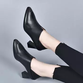 Pointed deep mouth single shoes women s shoes spring new cowhide iron bag pointed horseshoe heel two wear fashion shoes 34