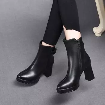 Pointed fashion boots women s boots autumn and winter waterproof table high heel belt buckle leather boots women s warm leather boots 35