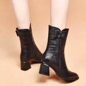 Pointed fashion women s boots autumn and winter new bow-embossed cowhide thick heel side zipper women s leather boots 35