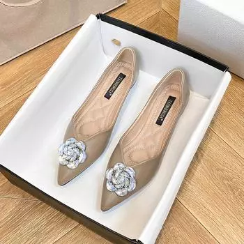 Pointed flat-soled single shoes women s 2025 four-season new soft-soled one-pedal shoes, small fragrant style low-heeled fairy style ladyshoes 35 абрикосовый