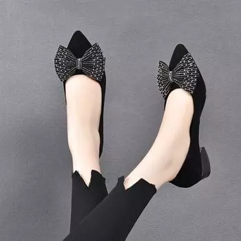 Pointed flat-soled women s shoes autumn new shallow mouth small single shoes bow sheepskin low heel women 35