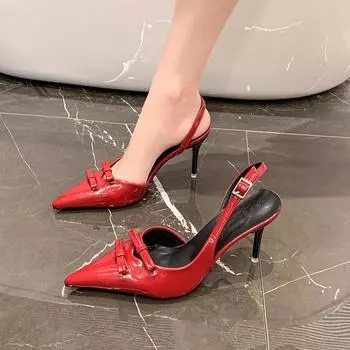 Pointed French 2025 nude celebrity high heels niche shoes bag head sandals temperament spring and summer fairy shoes 35 красный