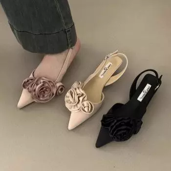 Pointed French flower black bag head sandals fairy shoes 2025 new spring and summer evening celebrity single shoes 35 абрикосовый