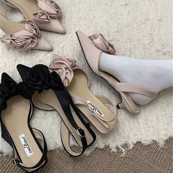 Pointed French Flower Black Baotou Sandals Fairy Shoes Evening Celebrity Single Shoes 35 розовый