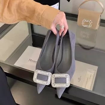 Pointed gray high heels 2024 spring and autumn new rhinestone buckle stiletto women s shoes temperament gentle wind lady single shoes 35