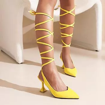 Pointed head bag head rear empty ring legs cross strap sandals 2025 new foreign trade color wine glass and high heels 34 жёлтый