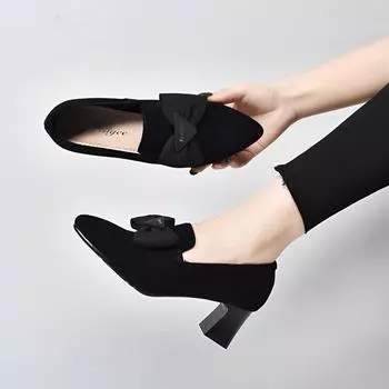 pointed head deep mouth single shoes women s shoes spring new bow sheepskin thick heel high heels women s work shoes 35