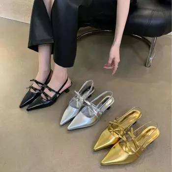 Остроконечные туфли на низком каблуке, женские французские туфли, верхняя одежда, римские сандалии с тонким каблуком 35 золотой