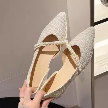 Pointed head, shallow mouth, side empty fashion high heels, small fragrant style single shoes, women s spring and autumn 2025 thick heel pearl 35