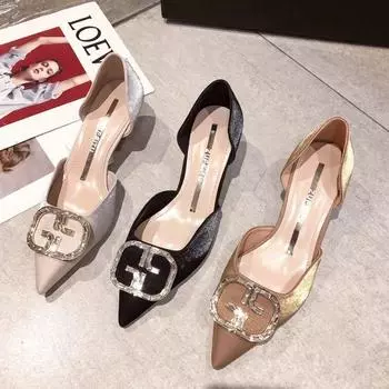 Pointed head shallow mouth single shoes women s 2025 new hollow rhinestone square buckle simple fashion thin heels small heels high heels 34