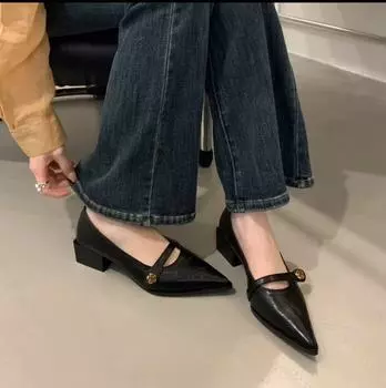 pointed head with light mouth small leather shoes women s shoes spring and autumn French beautiful retro versatile thick heel middle heel fashion shoe 35 коричневый