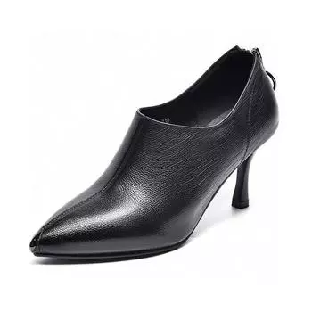 Pointed high-heeled deep-mouth single shoes, spring new first-layer cowhide iron-wrapped pointed rear zipper women s shoes 34